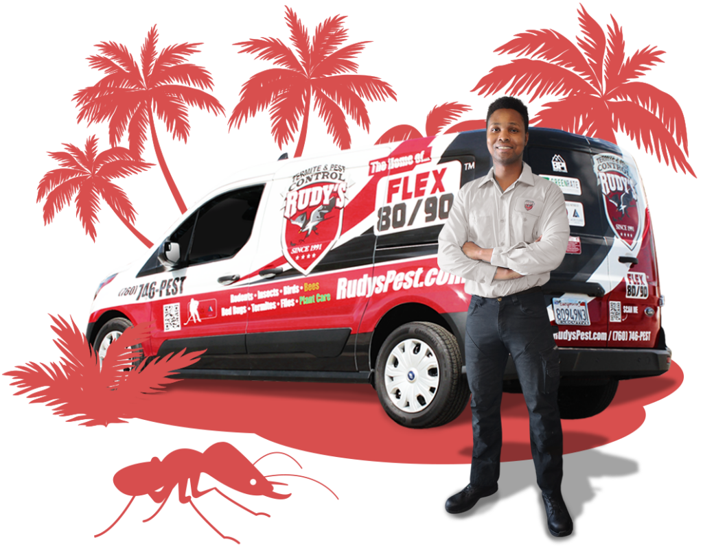 An employee stands in front of a Rudy's Pest Control vehicle, surrounded by cartoon silhouette palm trees, with a cartoon silhouette termite beside him.