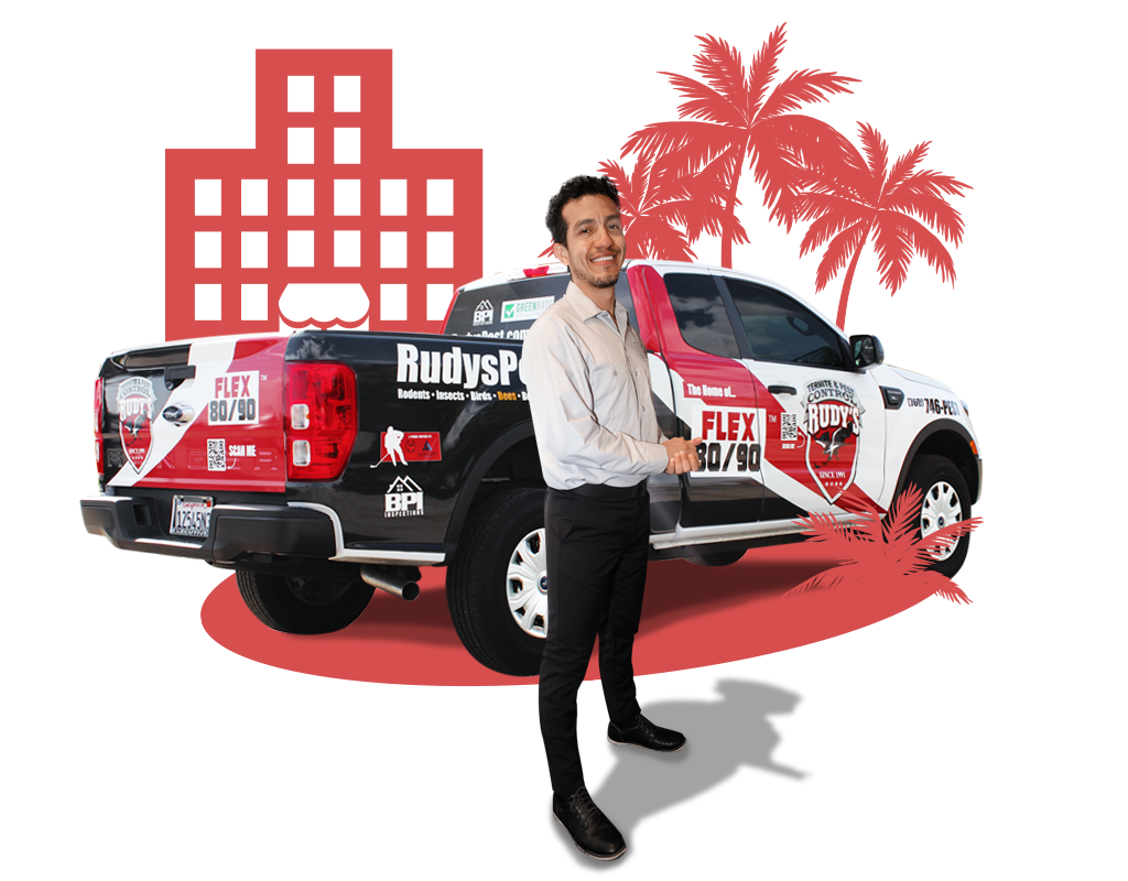 Employee smiling in front of a Rudy's Pest Control Vehicle.