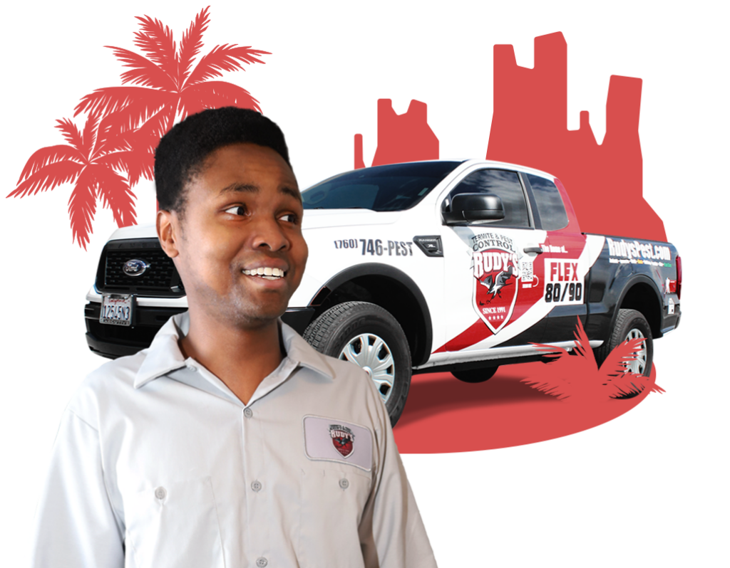 Employee smiling in front of a Rudy's Pest Control Vehicle.