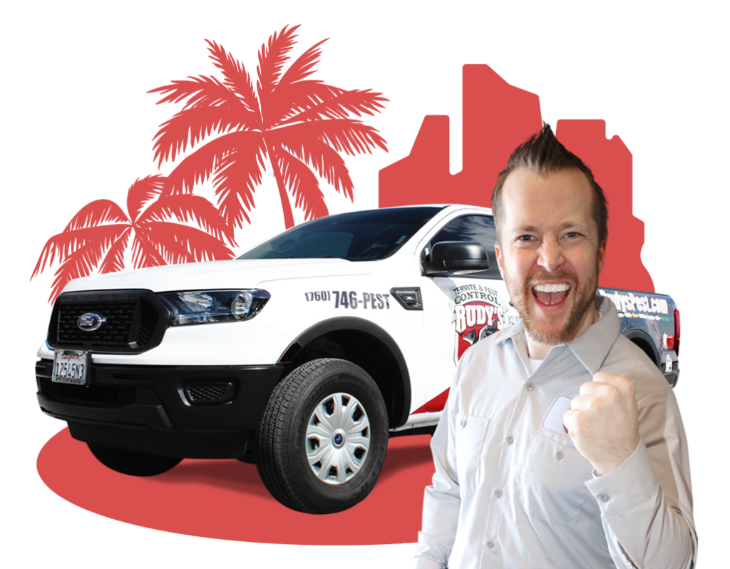 Employee smiling in front of a Rudy's Pest Control Vehicle.