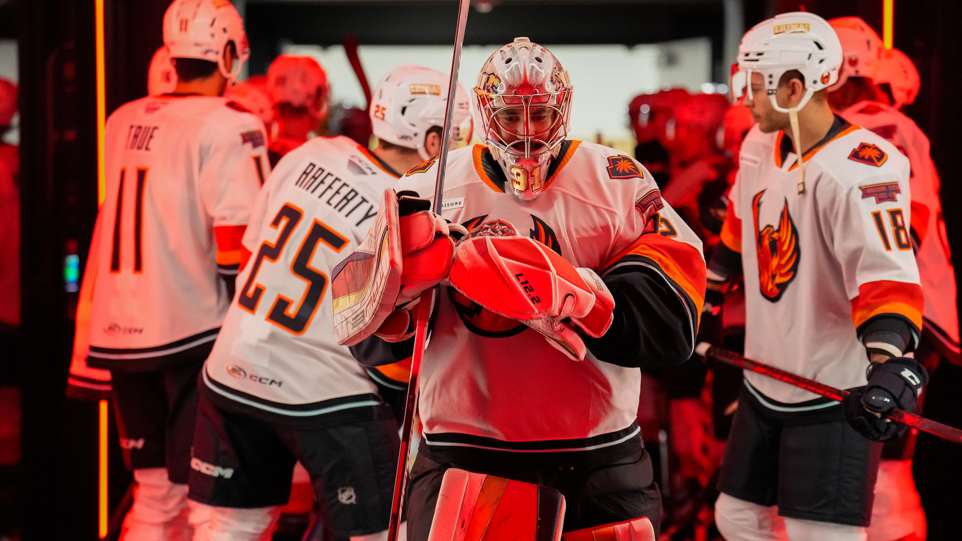 Team members of the Coachella valley Firebirds on the ice