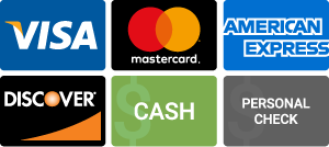 We Accept Visa, Mastercard, American Express, Discover card, cash and personal checks