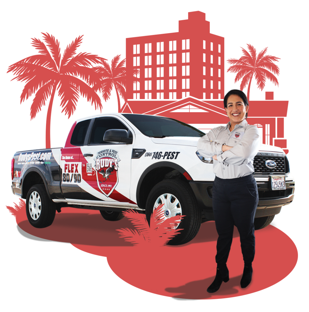 An employee stands in front of a Rudy's Pest Control vehicle, surrounded by cartoon silhouette palm trees, with a silhouette home and office building in the background.